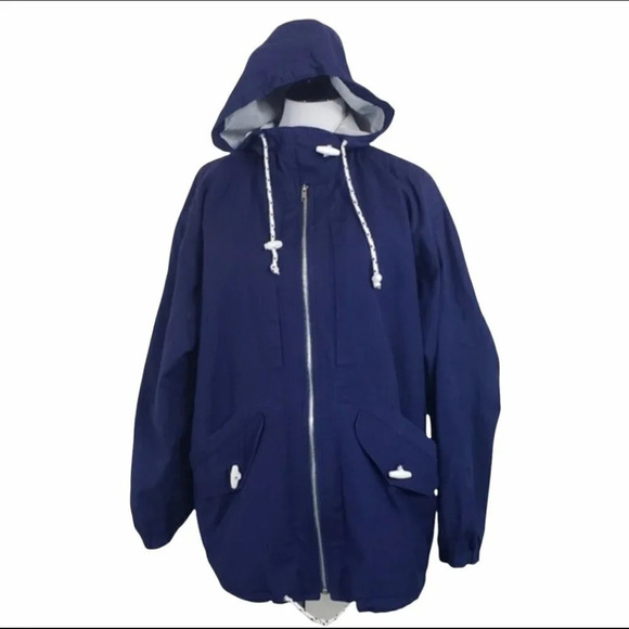 Donny‎ Brook coat vintage 80’s oversized M blue/white hooded rain jacket - Picture 1 of 7